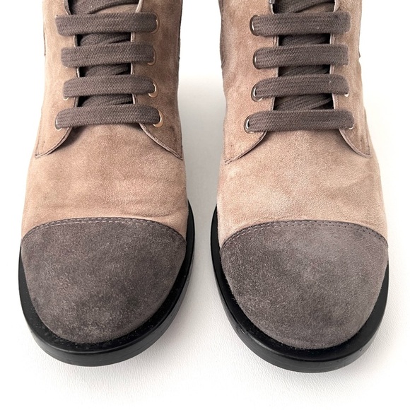 CHANEL | CC Cap Toe Suede Lace Up Short Ankle Boots Block Heel Beige EU 39.5 - Picture 7 of 16